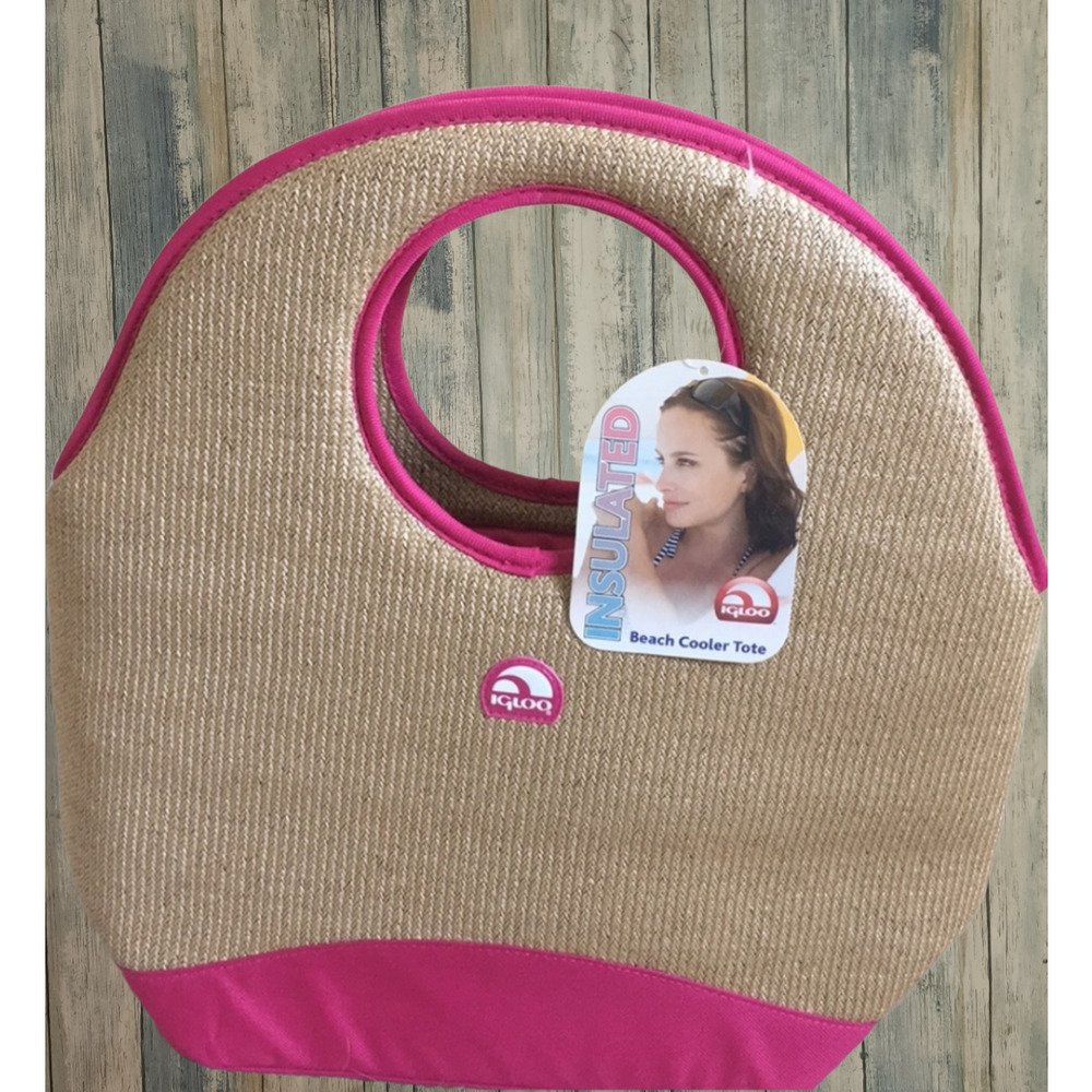 Igloo Pink Raffia Insulated Beach Picnic Cooler Tote NWT
